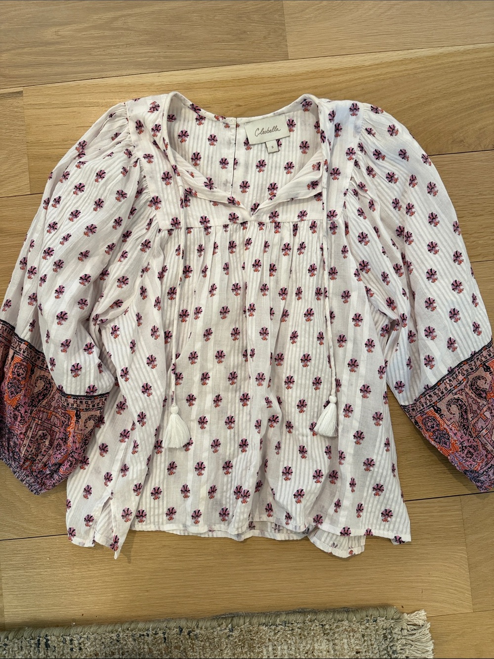Cleobella White Tunic Top with Pink Floral Print and Paisley Cuffs
